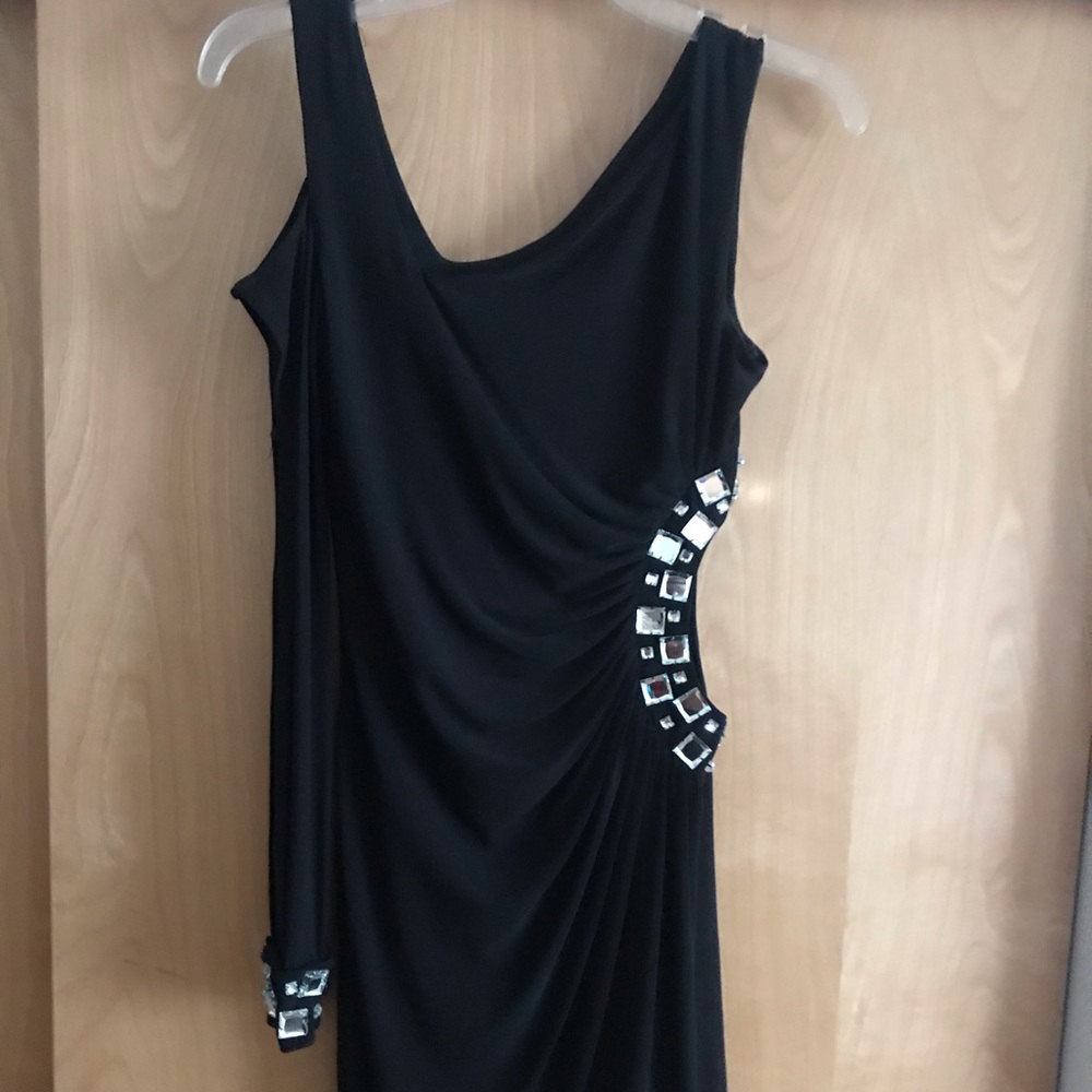 Black 1 sleeve open side mini dress